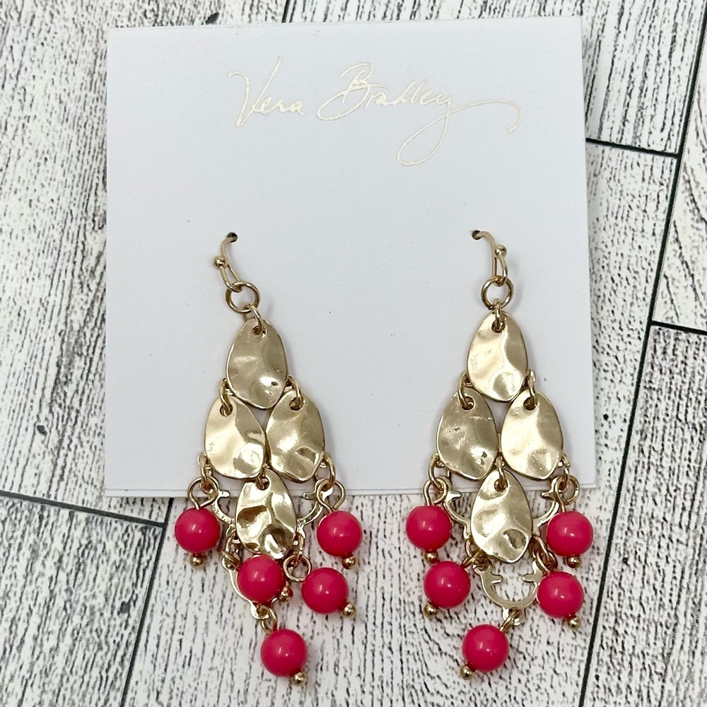 Vera Bradley Pink Bead Gold Tone Cascading Dangle Earrings